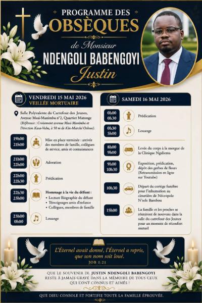 PROGRAMME DES OBSEQUES DE JUSTIN NDENGOLI BABENGOYI